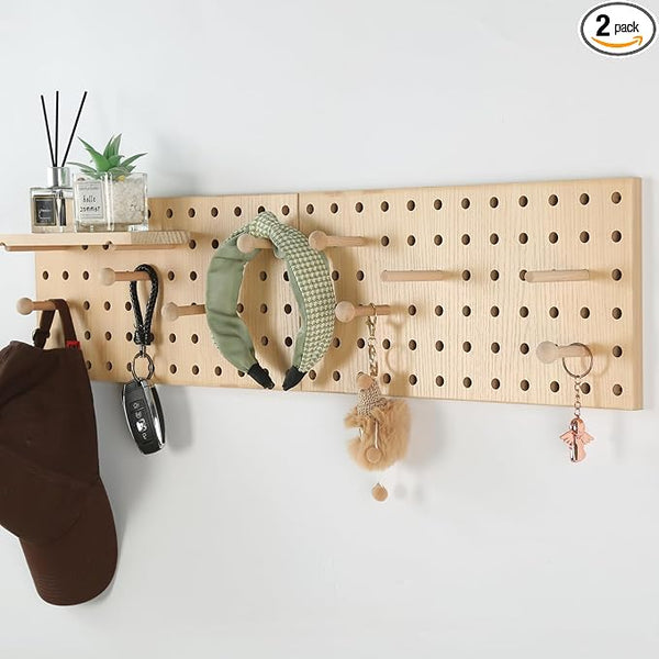 2 Pack Beige Wooden Pegboard, Modular Wall Organizer Storage Shelf by UMICAL