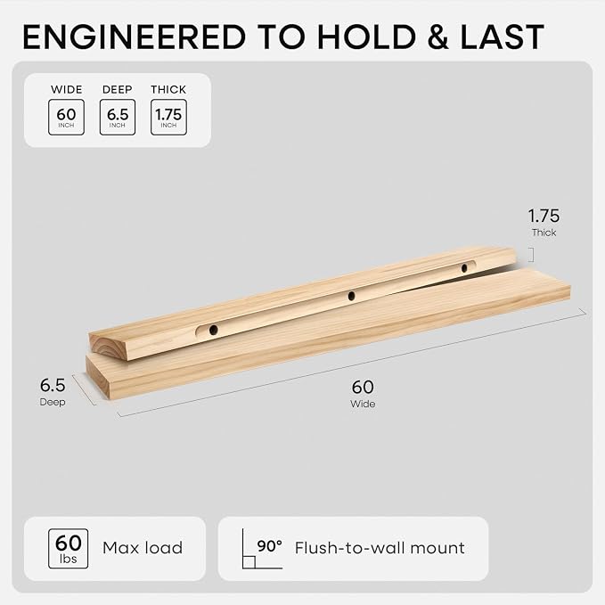 Homeforia 60 inch Natural Floating Shelf, High End Solid Real Wood 60inch Small - Image 2