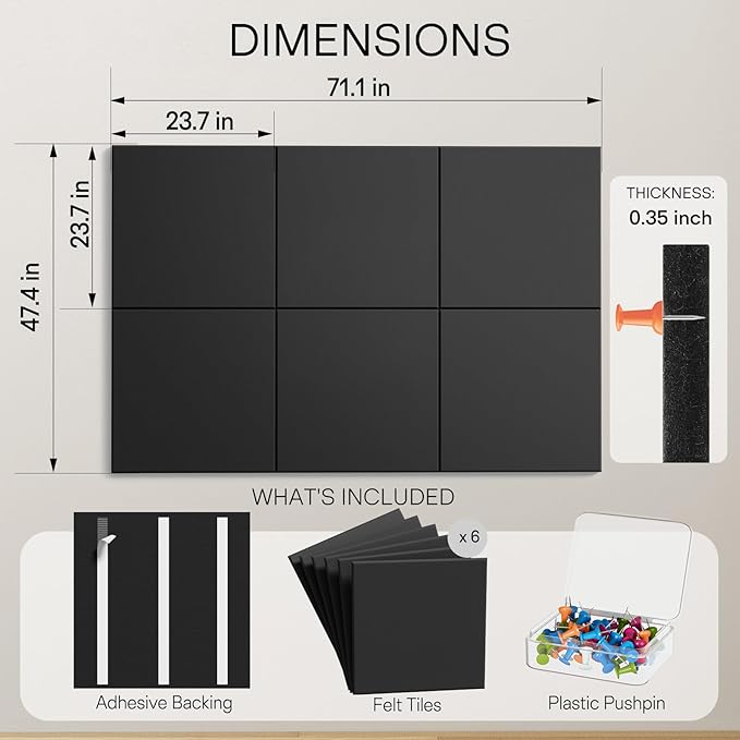 MaxGear Extra Large Cork Board for Wall 72" x 48", 6 Pack Felt Wall Tiles - Image 2