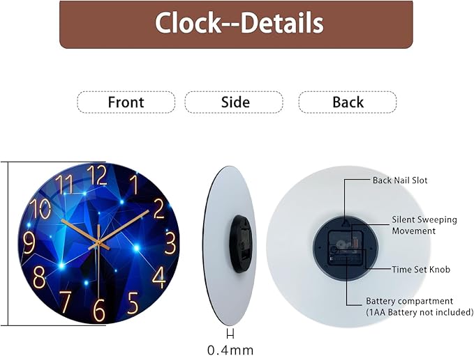 Blue Wall Clock Battery Operated 16 Inch Analog Glass Wall Clock Non Ticking - Image 8
