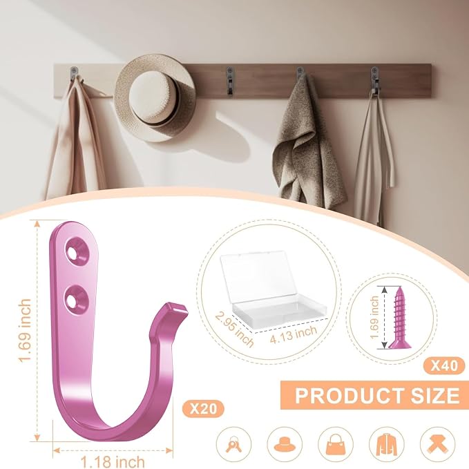 BREYDROK 20PCS Pink Heavy Duty Single Prong Metal Wall Hooks - Image 4