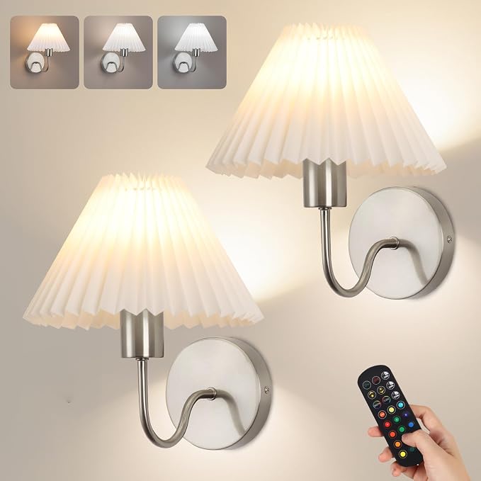 Wireless Wall Sconce Sets of 2, Pleated Shades Rechargeable Battery Operated by KELUOLY