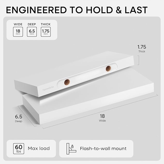 Homeforia White Floating Shelf 18 inch, High End Solid Real Wood 18inch - Image 2