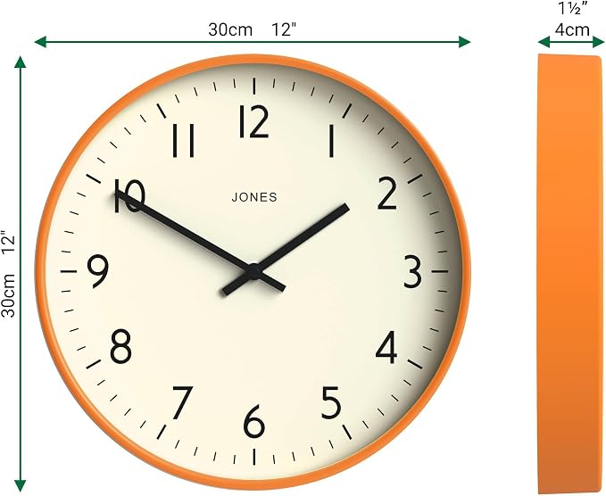 JONES CLOCKS® Studio wall Clock | Modern Round Style | 12 inch | Orange | Easy - Image 4