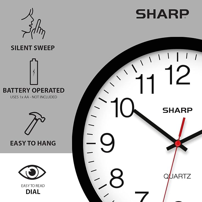 Sharp Wall Clock – Black, Silent Non Ticking 14 Inch Quality Quartz Battery - Image 5