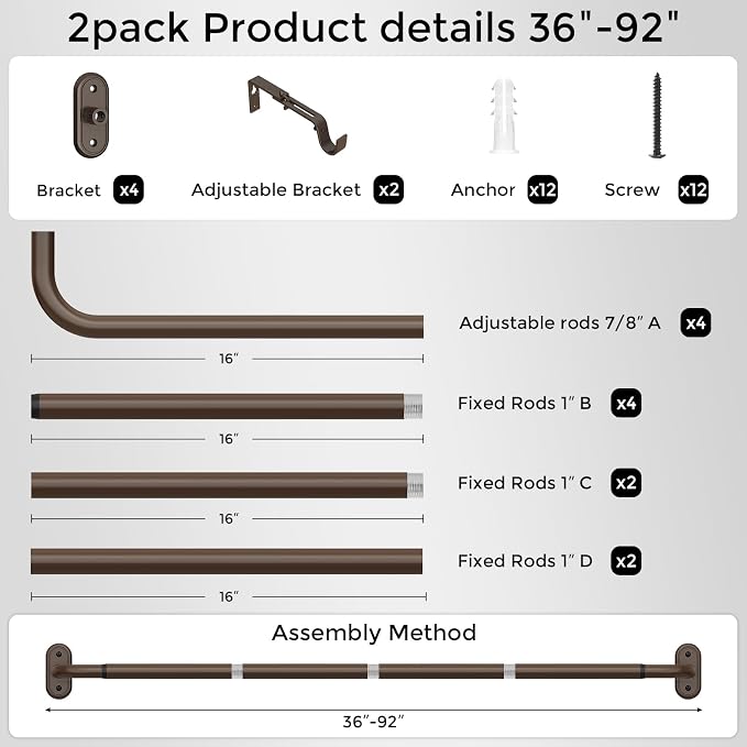 2 Pack Curtain Rods 36-88 Inch, Bronze Wrap Around Blackout Curtain Rods - Image 6
