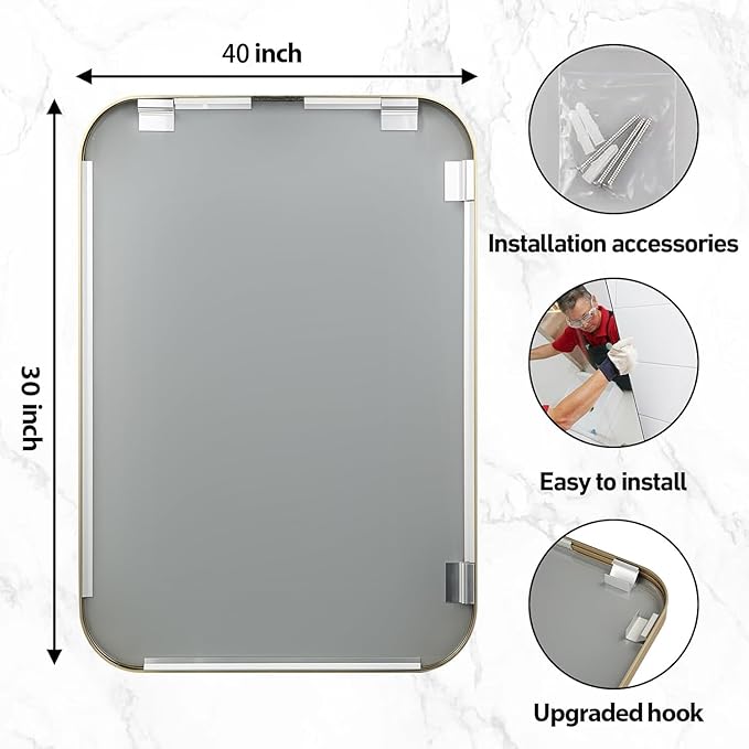40x30 Inch Gold Bathroom Mirror, Brushed Gold Metal Framed Rectangular Mirror - Image 6