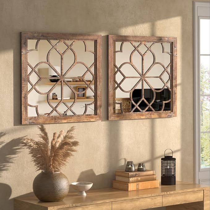 Set of 2 18 Inch Large Square Redbrown Window Pane Wall Mirrors, Shatterproof by HMANGE