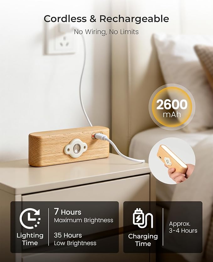 Wood LED Wall Sconce, Magnetic 360° Rotatable Wall Mounted Night Light & - Image 5