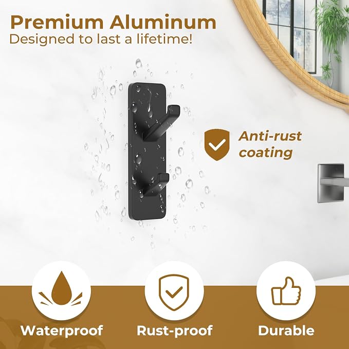 susswiff Black 6 Pack Aluminum Coat Hooks, Heavy Duty Self Adhesive Hooks - Image 4
