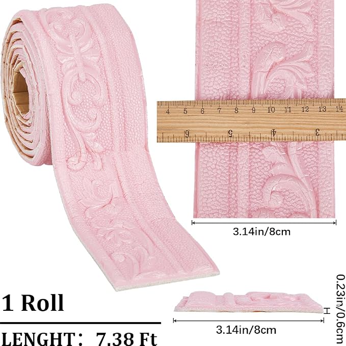 CRASPIRE 88 x 3in Crown Molding Peel and Stick 3D Flexible Foam Wall Trim Pink - Image 2