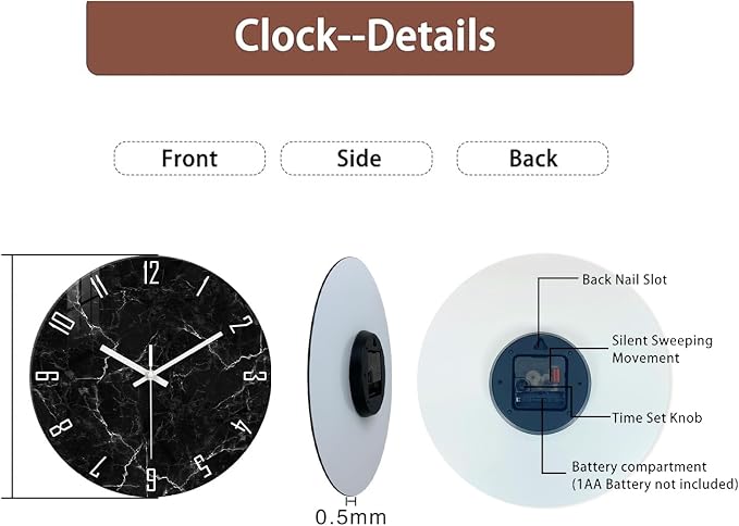 Oversized Decorative Clocks Battery Operated 24 Inch Marble Black Wall Clock - Image 8