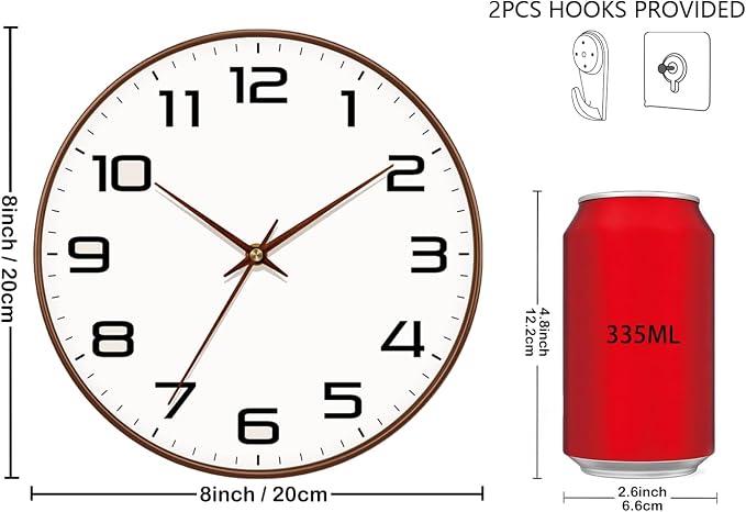 Woodgrain Wall Clock–Silent Non-Ticking Wall Clocks Battery Operated 8 Inch - Image 3