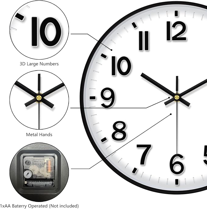 Black Wall Clock, 8 Inch Wall Clocks Battery Operated, Round Modern Non Ticking - Image 7