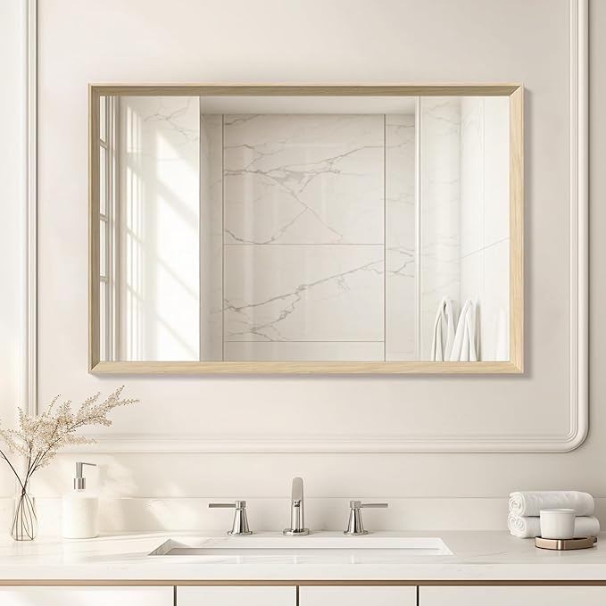 Oak Wood Effect Framed Wall Mirror, 24x36 Rectangle Mirror, Anti-desilvering by Ultrue