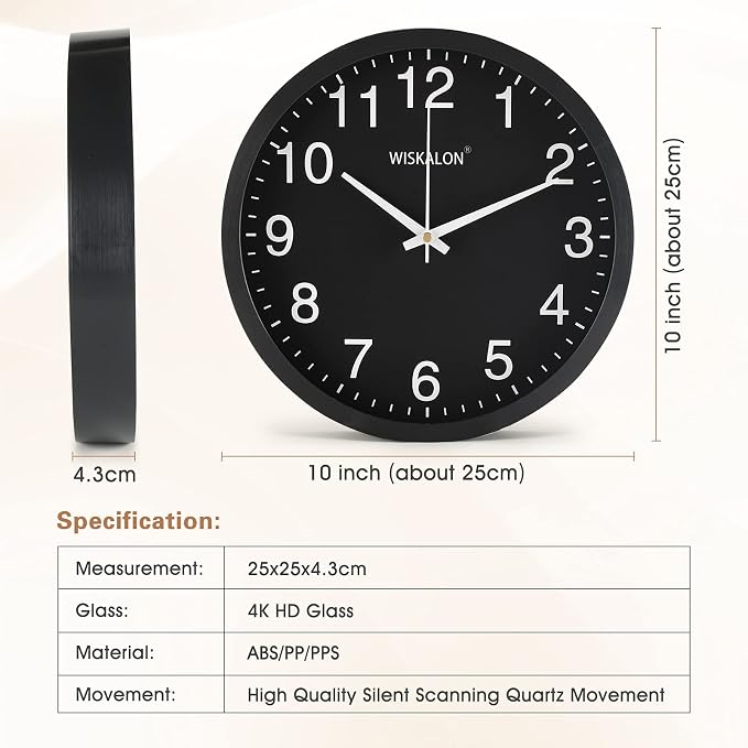 WISKALON 10 inch Wall Clock, Silent Non-Ticking Elegant Black Frame Wall Clock - Image 6