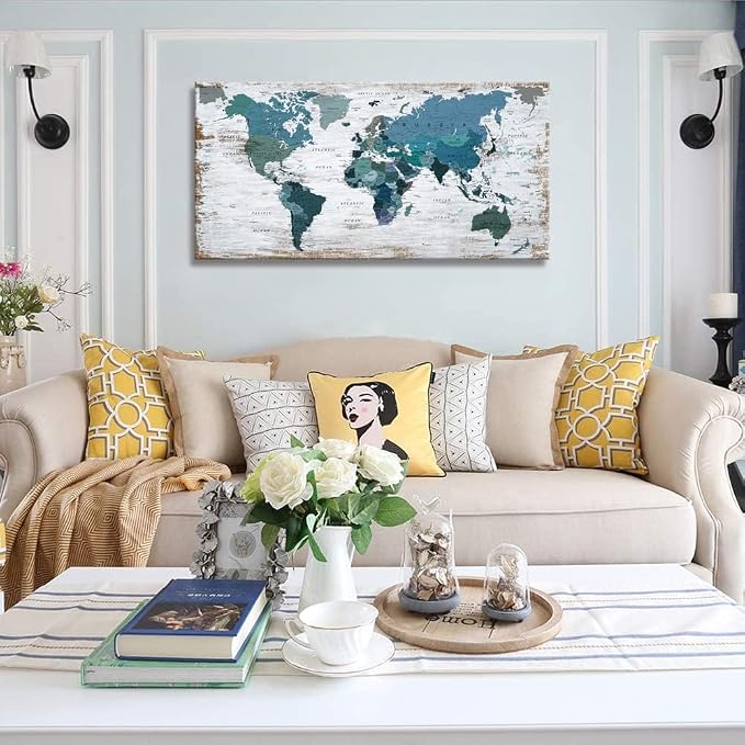 lagre Teal Decor 36inchx71inch World Map Canvas Wall Art Pictures - Image 5