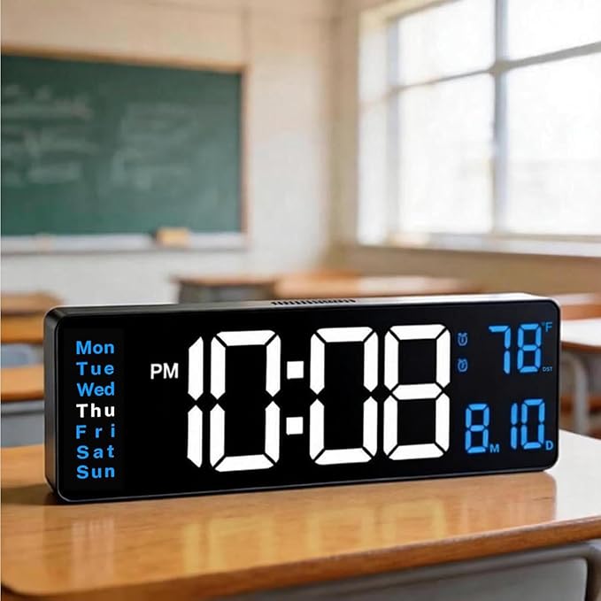 Digital Wall Clocks for Classroom, Temperature, Night Light for Living Room by Brauthon