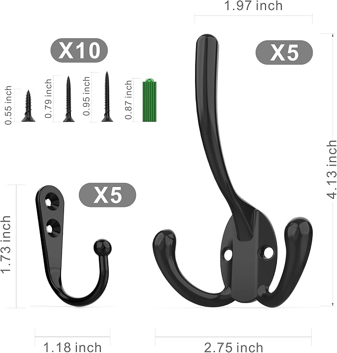 ZAYBOD 10 Pack Heavy Duty Wall Mounted Black Coat Hooks - Image 7