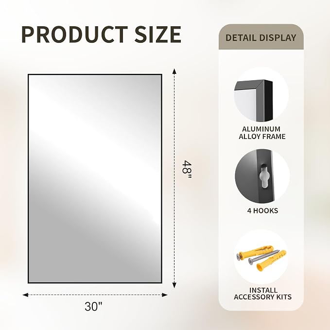 Large Black Bathroom Mirror, Shatterproof & Anti-Rust Vanity Mirror Wall Mount - Image 2