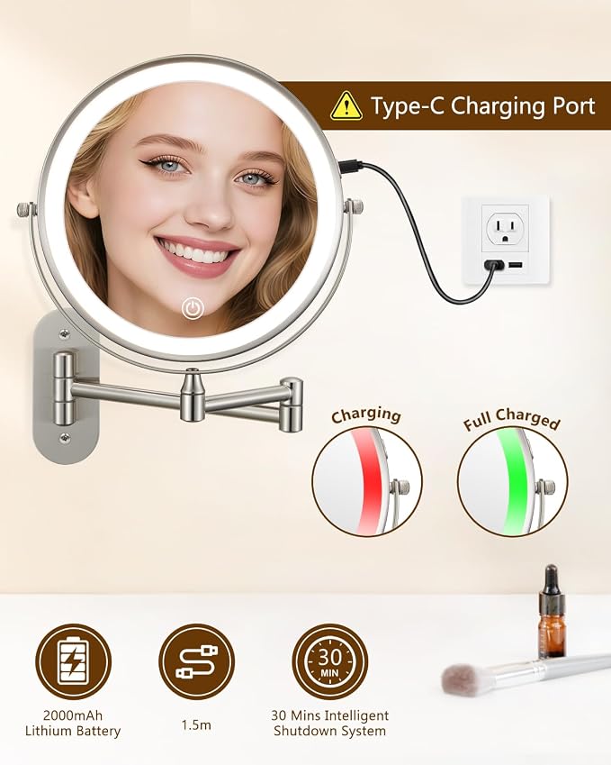 DECLUTTR 9" Wall Mounted Lighted Makeup Mirror, Rechargeable 1X/20X Magnifying - Image 4