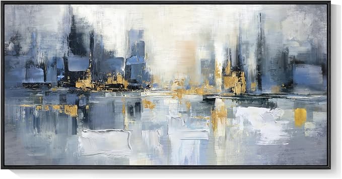 Framed Blue Abstract Wall Art for Living Room, Extra Large Modern Cityscape - Image 9