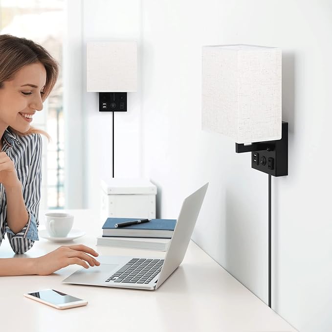 CADUKE Bedside Wall Lamp Set of 2, Plug in Wall Sconce - Image 4