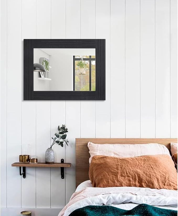 Black Vintage Rustic Wood Framed Wall Mirror Farmhouse Rectanglular Antique - Image 5