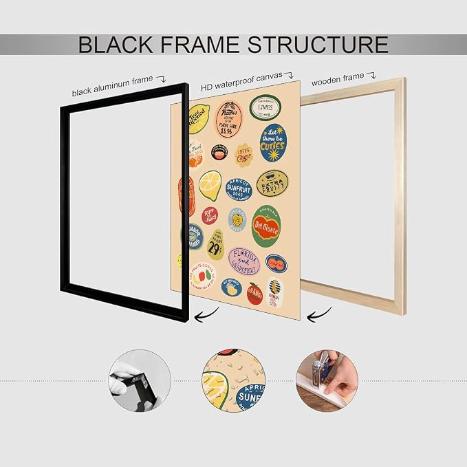 Black Framed Canvas Wall Art Posters Trendy Kitchen Vintage Fruit Market - Image 3