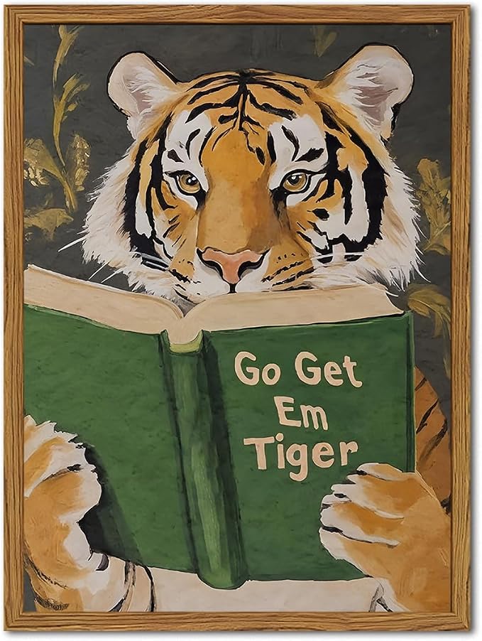 Framed Funny Tiger Wall Art, Motivational Animal Reading Wall Decor Paintings by Unknown