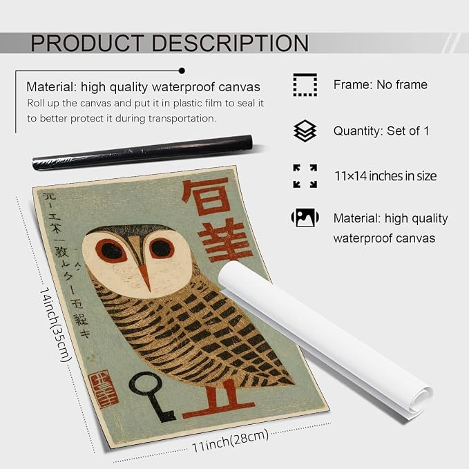 Heltrappe Vintage Japanese Canvas Wall Art Owl Poster Mid Century Animal Print - Image 2