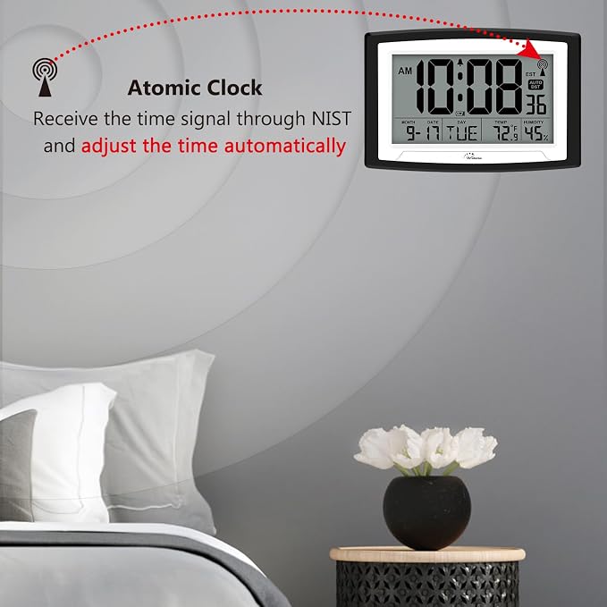 WallarGe Atomic Clock with Indoor Temperature and Humidity, 12.5 Inch - Image 2