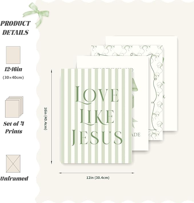 LARTSFRO Coquette Sage Green Bow Jesus Wall Art Decor Posters, Inspirational - Image 2