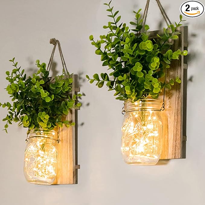 Rustic Wall Sconces, Mason Jar Sconces, Farmhouse Home Decor, LED Fairy Lights by Unknown