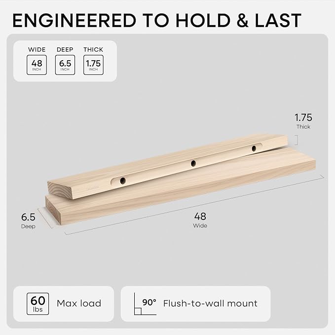 Homeforia Wood 48 inch Floating Shelf, High End Solid Natural Wood 48inch - Image 2