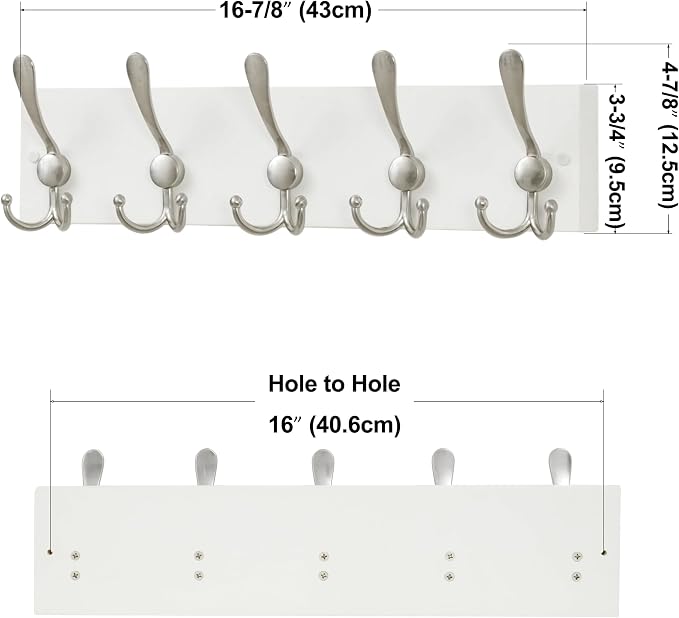 SKOLOO Creations White Solid Wood Wall Mounted Coat Rack, 5 Hooks, 16-7/8" Long - Image 3