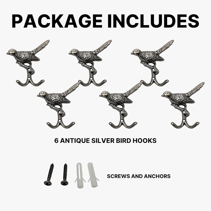 6 pcs Antique Silver Bird Decorative Wall Hooks - Image 4