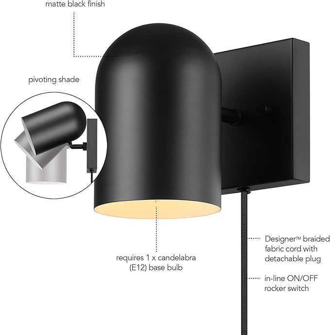 Globe Electric 65000098 1-Light Plug-in or Hardwire Wall Sconce, Matte Black - Image 5