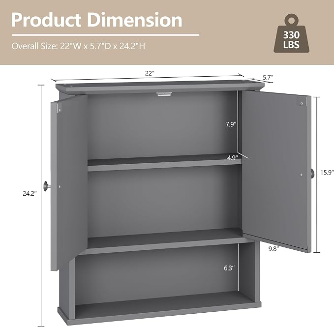 Bathroom Wall Cabinet with Mirror, Bathroom Mirror Cabinet Wall Mounted - Image 3