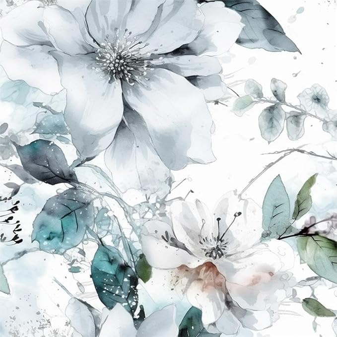 Ice Blue White Large Hyacinth Floral Green Leaf Peel and Stick Wallpaper Wall by VistaPalette