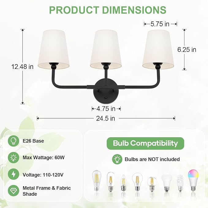 MOKATNG Bathroom Light Fixtures, 3-Light Matte Black Vanity Lights, Bathroom - Image 3