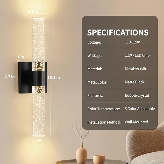 Black Modern LED Wall Sconces Set of Two 3000K-6000K Crystal Bathroom Sconce - Image 6