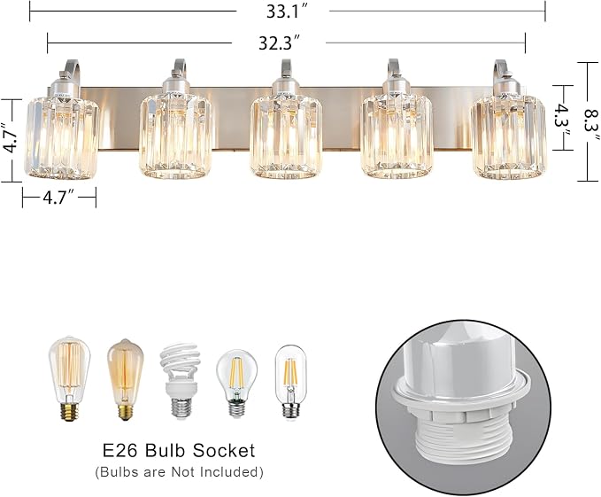 Modern Crystal Bathroom Vanity Light 5 Light Brushed Nickel Vanity Lighting - Image 4