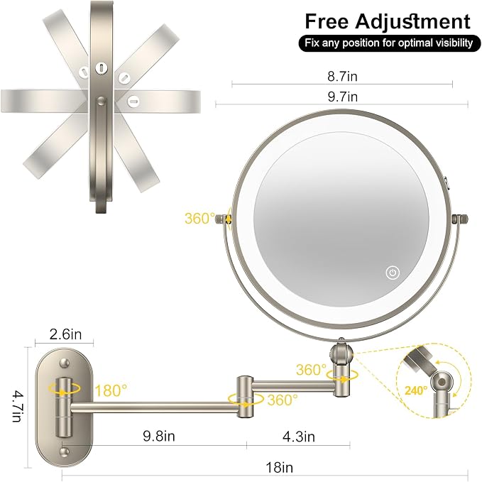 IMIKONA 9" Wall Mounted Lighted Makeup Mirror, 4000mAh Rechargeable Double - Image 6
