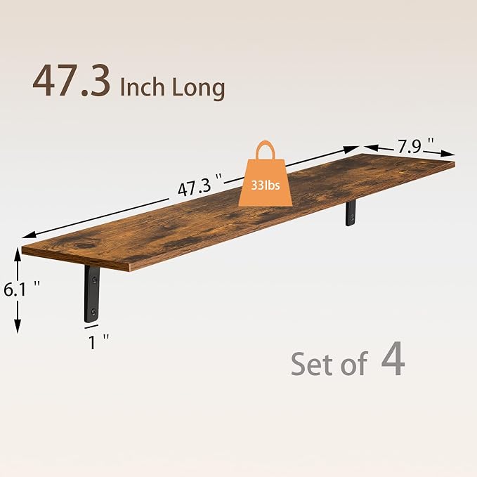 DINZI LVJ Long Wall Shelves, 47.3Inch Wall Mounted Shelves Set of 4, Extra - Image 3