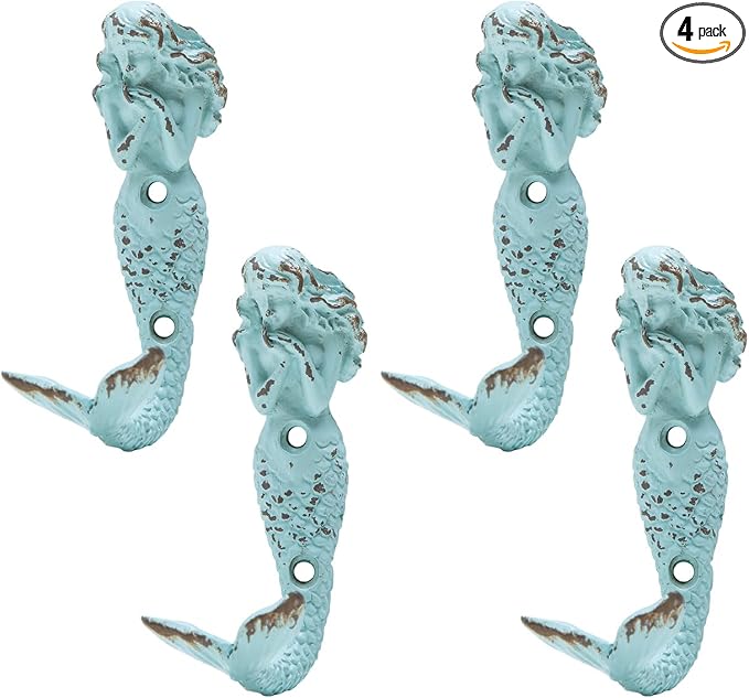 SOFFEE DESIGN 4pcs Mermaid Shape Metal Wall Coat Hooks, Beach Decoration Wall by SOFFEEDESIGN