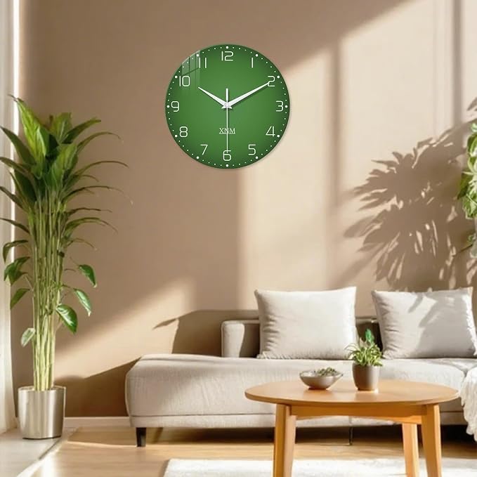 XNM Green Wall Clock for Bedroom Round Glass Wall Clocks Battery Operated 14 - Image 2