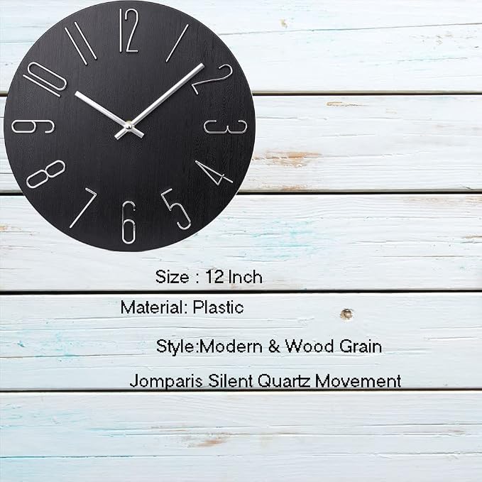 jomparis Black Wall Clock Modern Style Plastic Wooden Wall Clocks Decor 12 Inch - Image 4