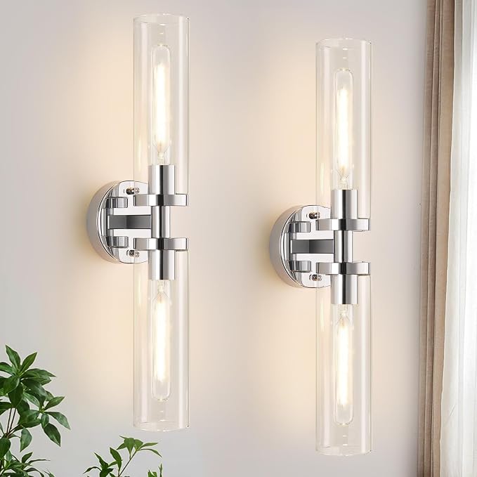 Indoi Wall Sconces Set of Two, Hardwired Chrome Bathroom Sconces Wall Lighting by Indoibrightenyourbathroom
