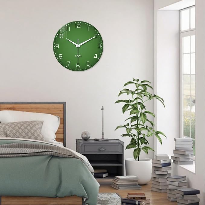 XNM Green Wall Clock for Bedroom Round Glass Wall Clocks Battery Operated 14 - Image 4